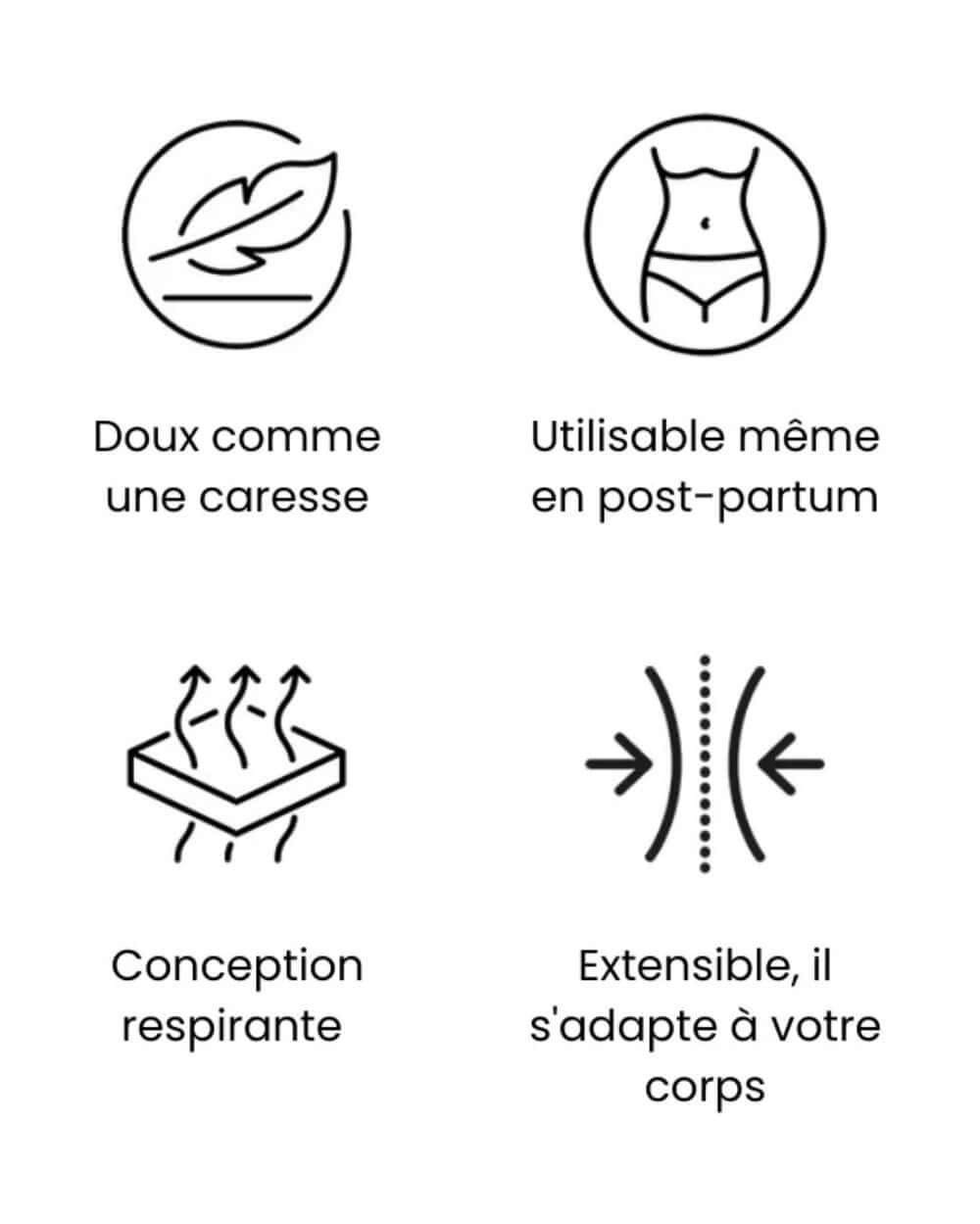 Icônes illustrant les caractéristiques du legging de grossesse taille haute, soulignant confort et flexibilité.